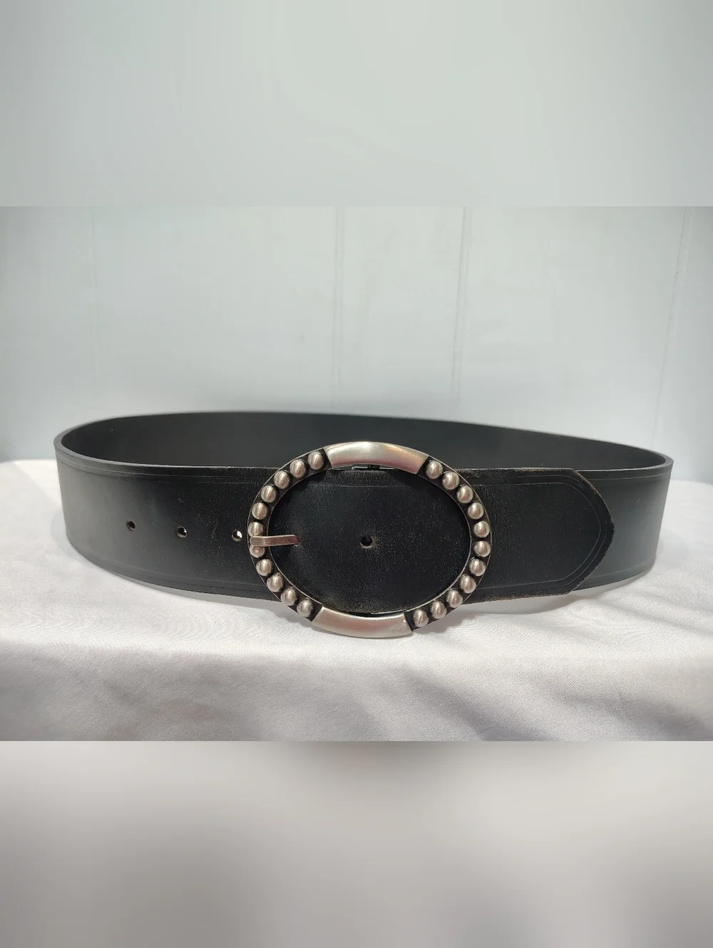 Genuine Leather Black Belt Studded Round Buckle Wide Belt 40.5” Boho Western